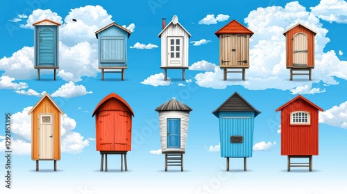 Colorful beach huts against a bright blue sky with fluffy clouds.