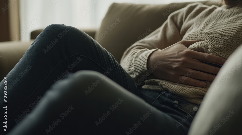 Abdominal pain from stress, a person resting on a couch holding their stomach. Featuring discomfort and stress relief techniques Abdominal pain from stress, a person resting on a couch holding their stomach. Featuring discomfort and stress relief techniques
