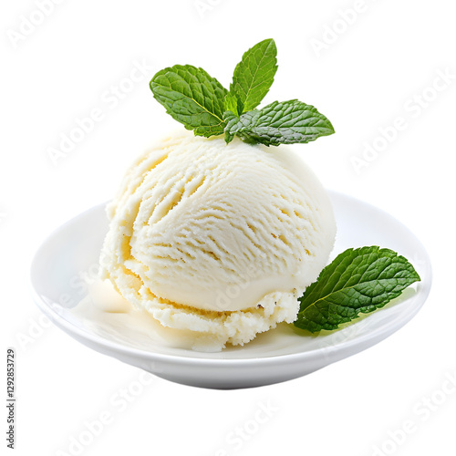 A scoop of creamy vanilla ice cream topped with fresh mint leaves, placed elegantly on a white plate against a clean white background
