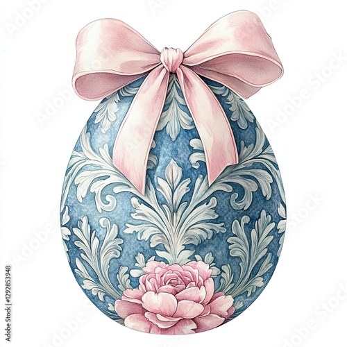 Ornate Blue Easter Egg with Floral Design and Pink Bow, A beautifully decorated watercolor Easter egg featuring intricate blue floral patterns and a soft pink ribbon bow, creating an elegant and fe  
