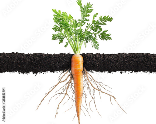 Freshly pulled carrot with vibrant green leaves and visible roots, showcasing its natural beauty and freshness. Perfect for healthy eating and gardening enthusiasts