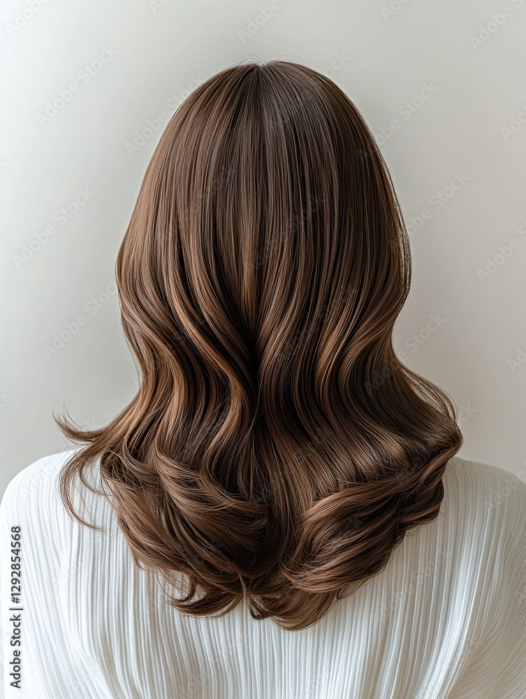 Fototapeta premium Healthy Shiny Brown Hair with Soft Waves, A close-up of a woman’s long, wavy brown hair with a smooth, glossy finish, showcasing healthy strands and elegant styling. 