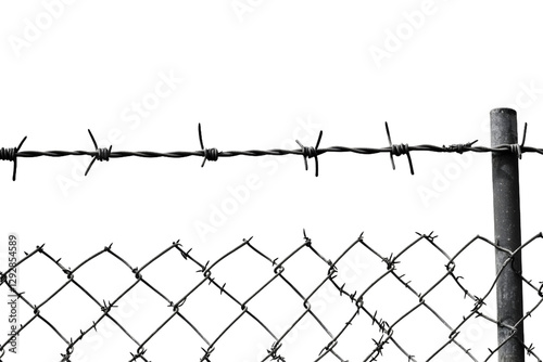 Chain link fence with barbed wire on top in minimalist black and white