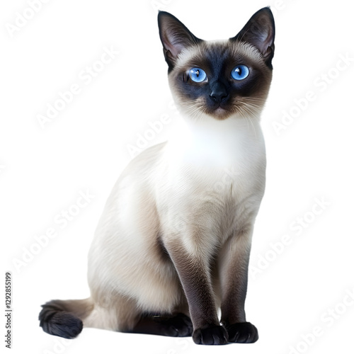 A Siamese cat with striking blue eyes, sitting gracefully on a white background