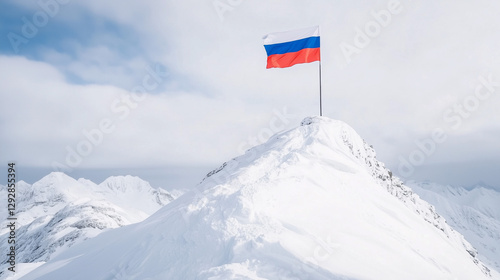 Russian Flag atop Snowy Mou...