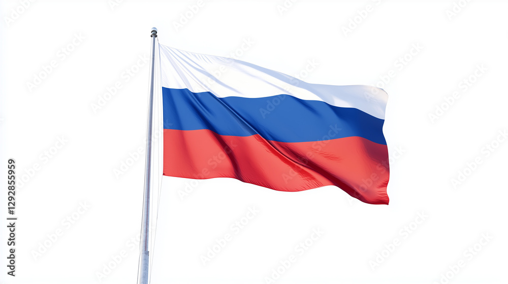 Fototapeta premium Russian Federation Flag in the wind: The flag of the Russian Federation billows proudly in the wind, showcasing its distinctive tricolor design against a clear sky.