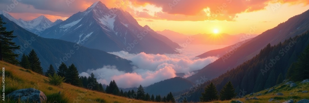 Fototapeta premium Golden sunrise paints alpine peaks, mist-shrouded valley below , Sunrise, valley, beautiful