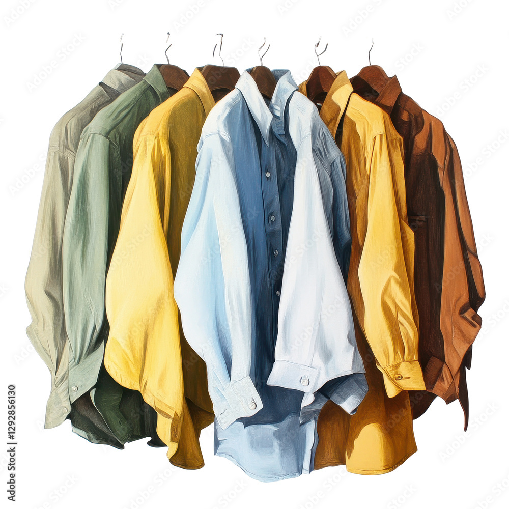 collection of neatly arranged shirts on hangers with a Transparent background showcasing various colors, Shirts, PNG background collection of neatly arranged shirts on hangers with a Transparent background showcasing various colors, Shirts, PNG background