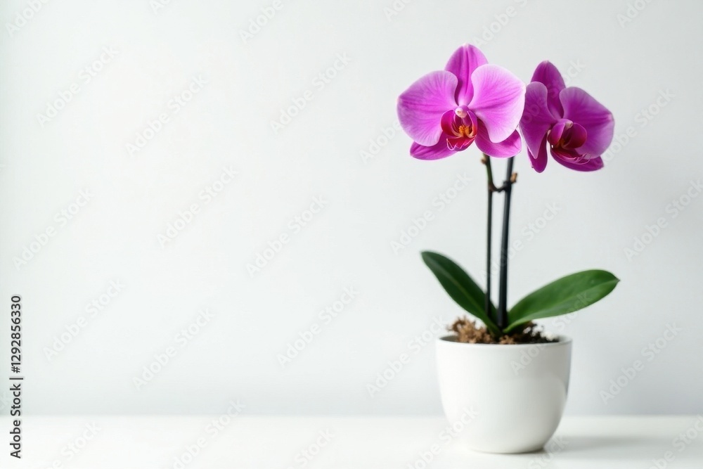 Gorgeous pink orchid in stylish pot, pure white backdrop, color, decoration Gorgeous pink orchid in stylish pot, pure white backdrop, color, decoration