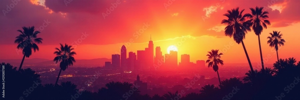 Fototapeta premium Los Angeles sunset, downtown skyline, palm trees silhouette, urban landscape, photo