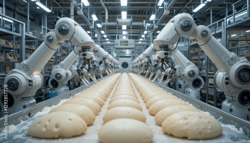 Automated Bakery Production Line Robotic Arms Handling Bread Dough on Conveyor Belt