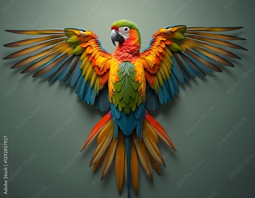Obraz premium Close-up of a parrot with bright colors covering its pointed feathers highlighting its wide, curved wings and looking very beautiful