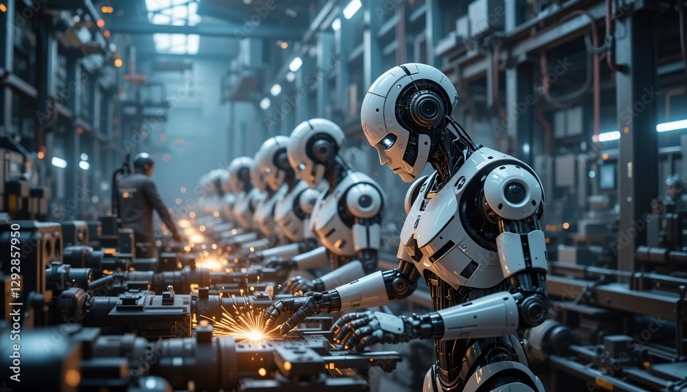 Fototapeta premium Futuristic Robots on Assembly Line Advanced Manufacturing Automation AI in Industry 4 0
