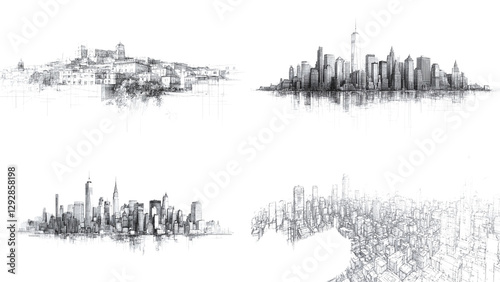 a collection of architectural city drawings in monochrome style, showing various urban skylines. Each sketch is rendered with intricate details, offering a glimpse into different architectural styles.