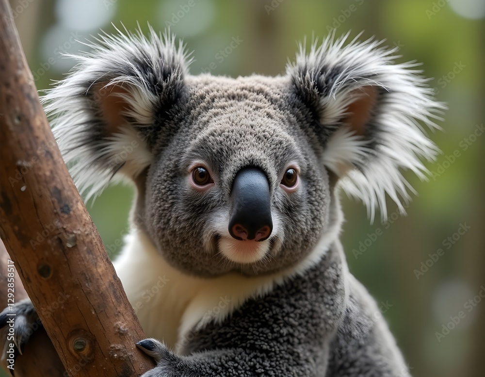 Obraz premium Koala with black round nose and big ears, natural charm of exotic animals calm with a tight hug on a tree trunk gives an impression of tranquility in the beauty of nature