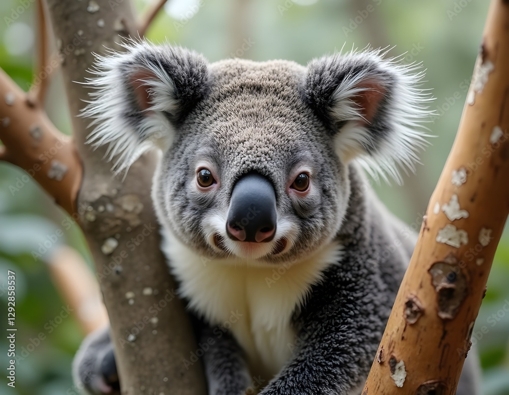 Fototapeta premium Koala with black round nose and big ears, natural charm of exotic animals calm with a tight hug on a tree trunk gives an impression of tranquility in the beauty of nature
