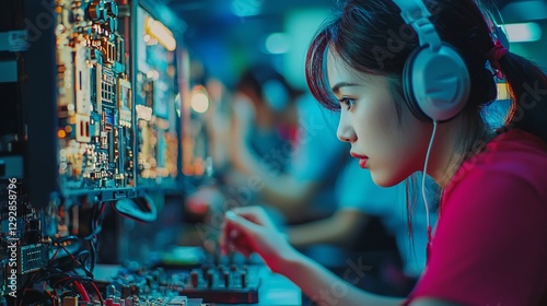 Woman Gamer at PC, Circuit Board, Crowded Room photo