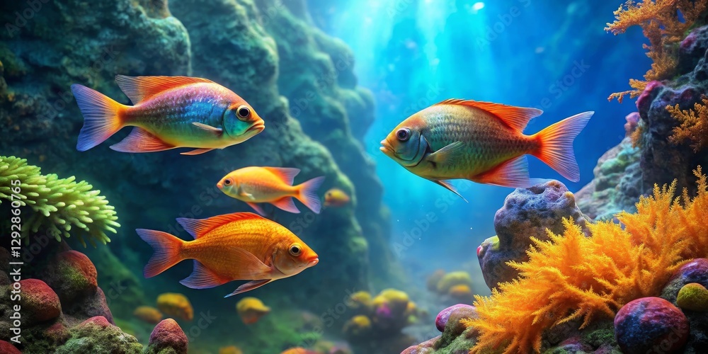 Fototapeta premium Vibrant aquatic life thrives in a mesmerizing underwater scene, showcasing colorful fish swimming amidst vibrant coral reefs and aquatic plants