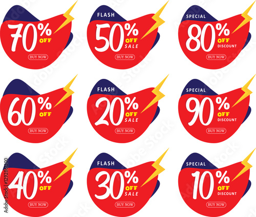 Sets of percent sale tags and banner. 10% 20% 30% 40% 50% 60% 70% 80% 90% set of discount and special sale offer vector illustration.  