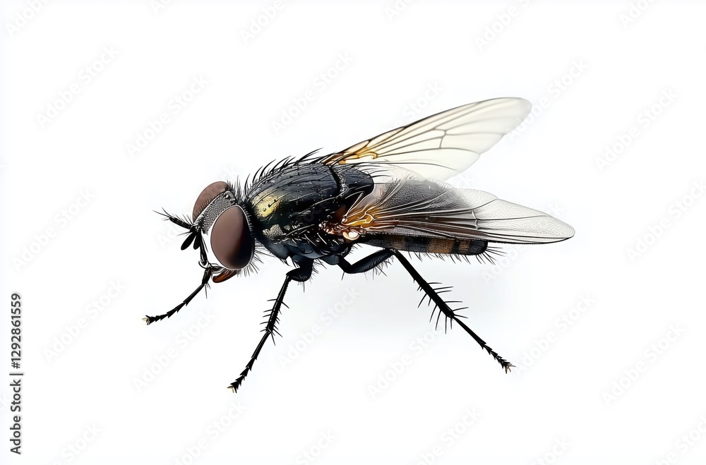 Intricate Housefly Crawling on a White Surface with Detailed Texture and Naturalistic Light Intricate Housefly Crawling on a White Surface with Detailed Texture and Naturalistic Light