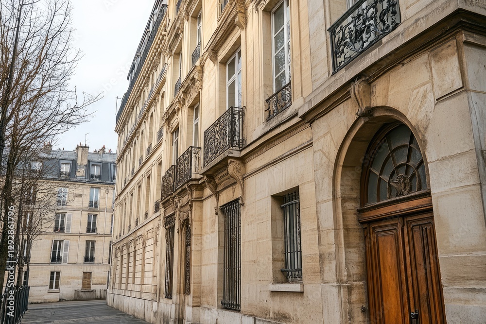 Parisian street with historic beige buildings Parisian street with historic beige buildings