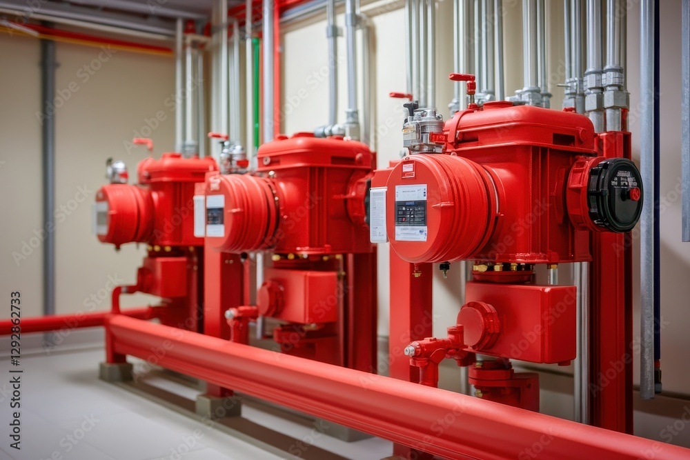 Condominium fire safety system red generator for sprinkler pipes fire alarm controls electric and diesel pumps for firefighting open space Condominium fire safety system red generator for sprinkler pipes fire alarm controls electric and diesel pumps for firefighting open space