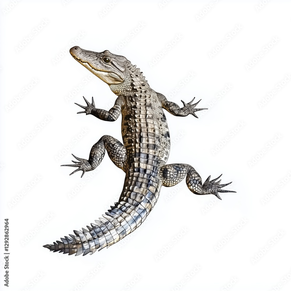 Naklejka premium Detailed Crocodile Crawling on White Background with Dramatic Shadows and Striking Textures 