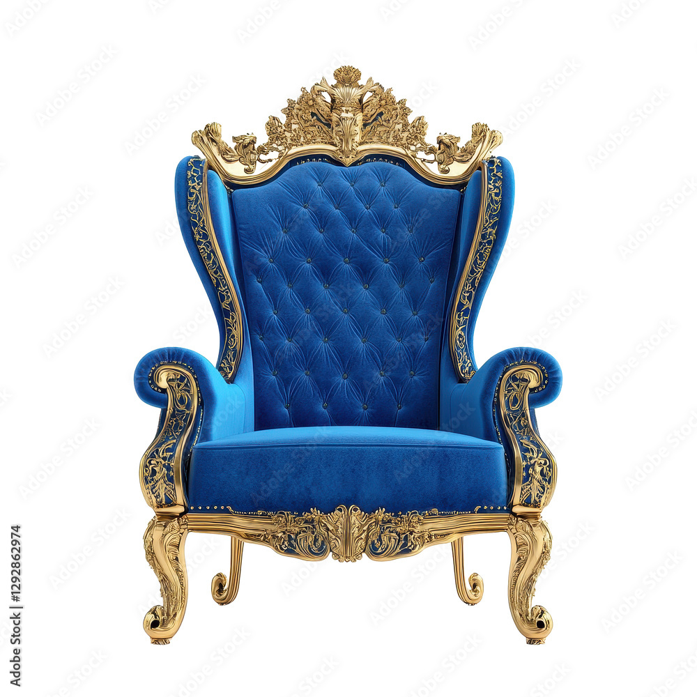 Elegant blue royal throne chair with intricate gold detailing on a white background, Blue Royal Throne Chair on white background Elegant blue royal throne chair with intricate gold detailing on a white background, Blue Royal Throne Chair on white background