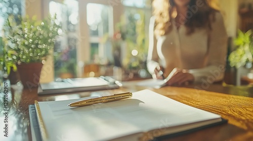 Woman signing documents at home office, sunlit interior