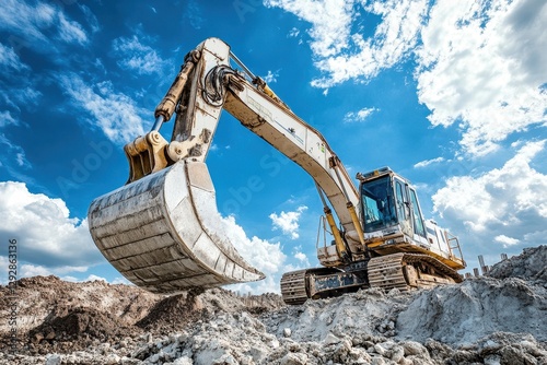 Construction concrete pump heavy industry concept with blue sky and white clouds behind