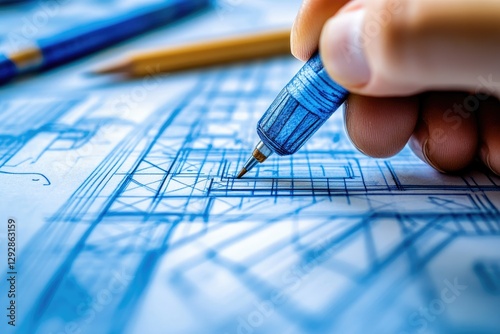 Premium Quality Image of Closeup of Hand Drawing on Blueprint at Office photo