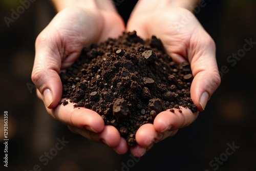 Dark brown soil clutched in a hand, rich texture shown , farming, environment