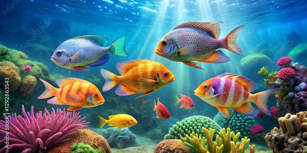 Vibrant Reef Inhabitants A Colorful Underwater Scene Featuring Diverse Fish Species and Lush Coral Formations Vibrant Reef Inhabitants A Colorful Underwater Scene Featuring Diverse Fish Species and Lush Coral Formations