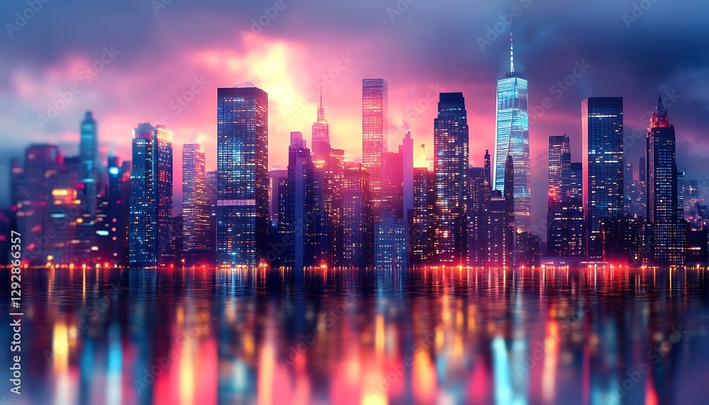 Fototapeta premium Cityscape Night Reflection Skyline