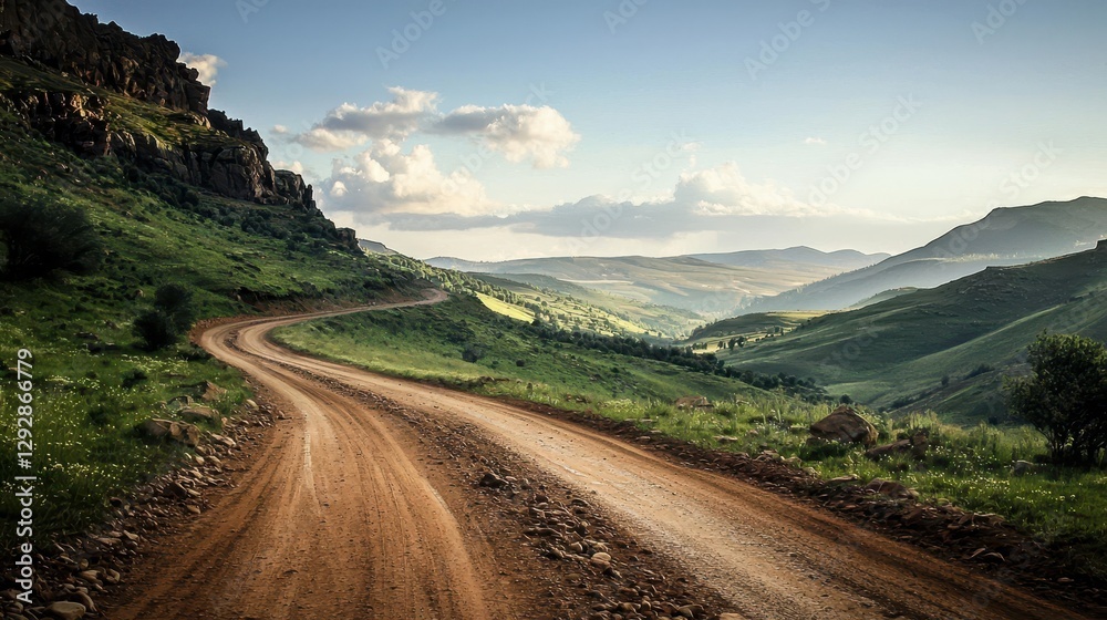 A picturesque natural landscape featuring a winding dirt road.
