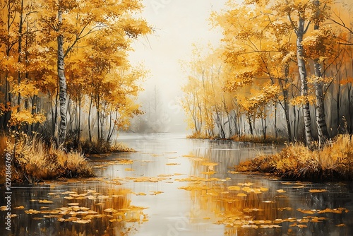 A tranquil river meandering through golden autumn trees, their leaves floating on the watera??s surface photo