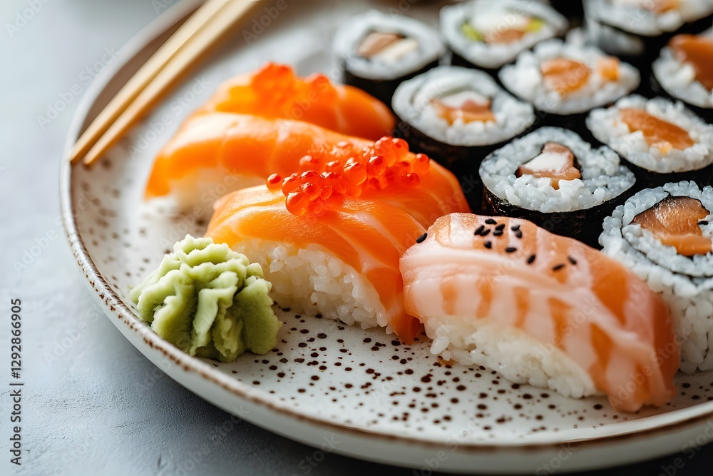Elegantly Plated Modern Vegan Sushi Dish with Plant Based Seafood Alternatives Elegantly Plated Modern Vegan Sushi Dish with Plant Based Seafood Alternatives