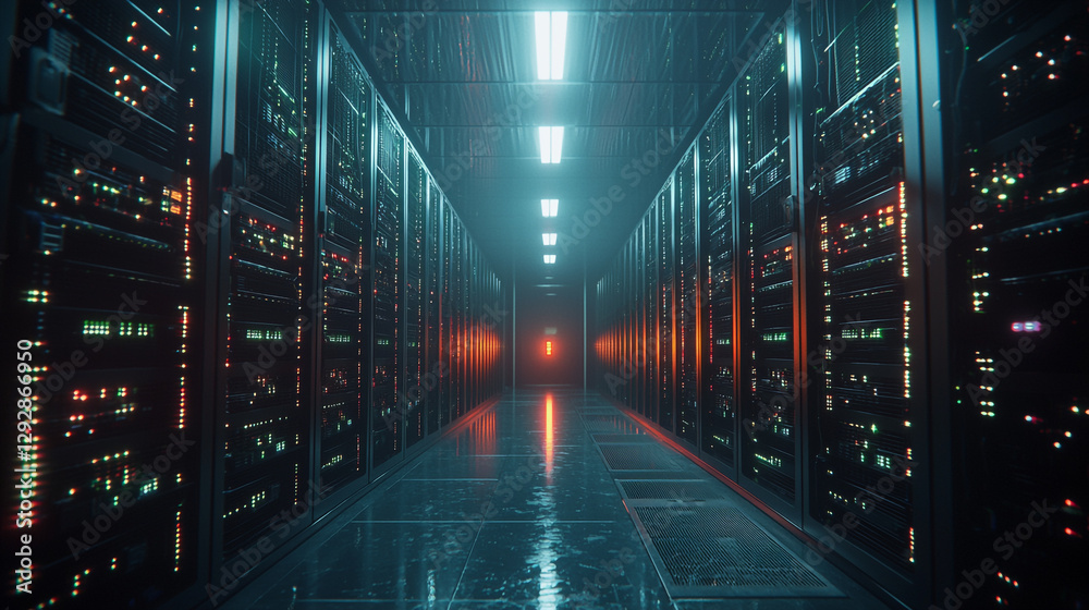 Fototapeta premium Modern server room interior with bright neon lights technology data dark blue glow cyber center