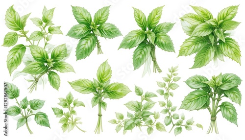 Botanical illustration of fresh green leaves nature digital art vibrant close-up herbal concept photo