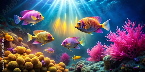 Vibrant Reef Scene Featuring Colorful Fish and Coral Structures Illuminated by Sunbeams