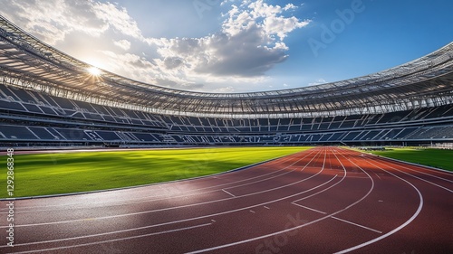 A view of the stadium with athletic run track and soccer field on bright sunny day