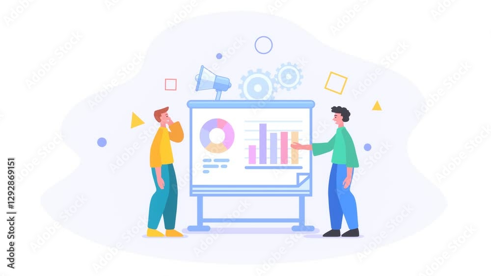 Financial report, business presentation, people stand near whiteboard with charts, diagrams, 2d loop animation video Financial report, business presentation, people stand near whiteboard with charts, diagrams, 2d loop animation video