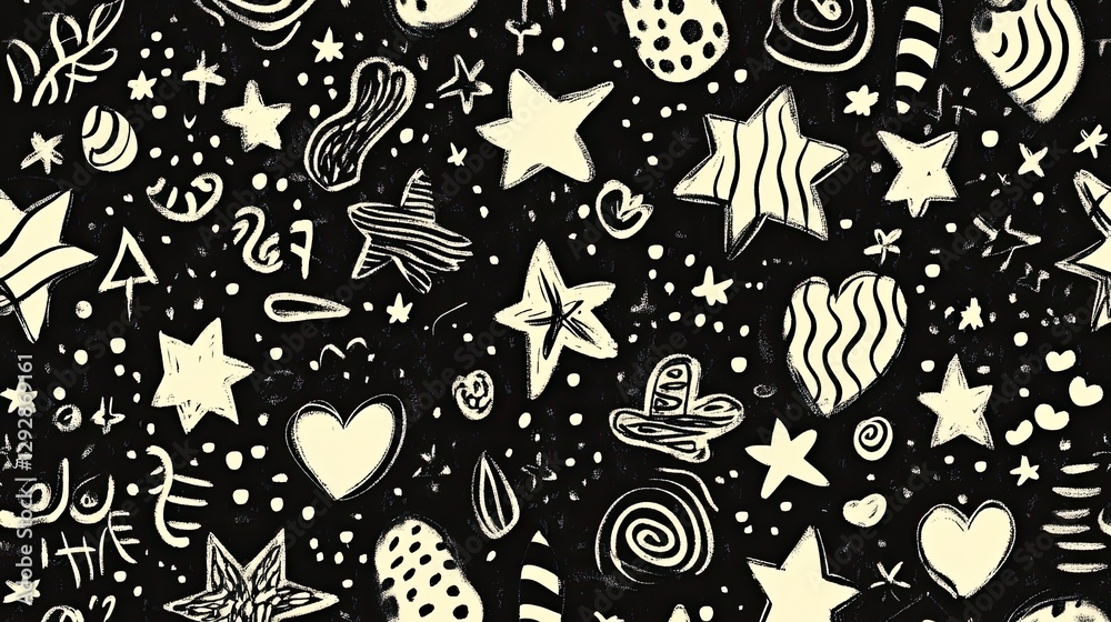 Fototapeta premium A quirky hand-drawn doodle pattern featuring stars, hearts, and abstract shapes in monochrome. 