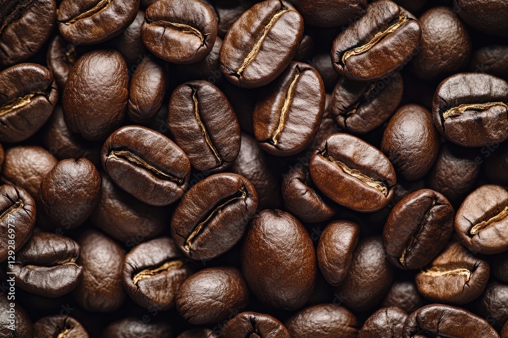 Fototapeta premium Detailed view of roasted coffee beans creating a textured backdrop ideal for coffee related topics or food and drink themes