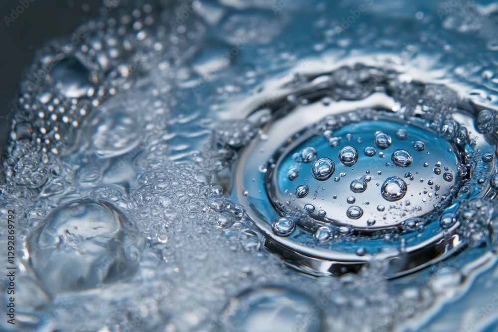 Detailed view of sink drain with water and bubbles portraying cleanliness for sanitation projects Detailed view of sink drain with water and bubbles portraying cleanliness for sanitation projects