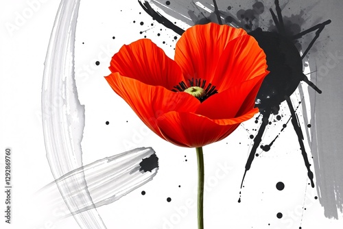 bright red poppy flower with artistic black ink splashes on white background