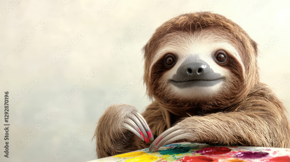 Fototapeta premium playful sloth painting with vibrant colors, showcasing creativity and joy