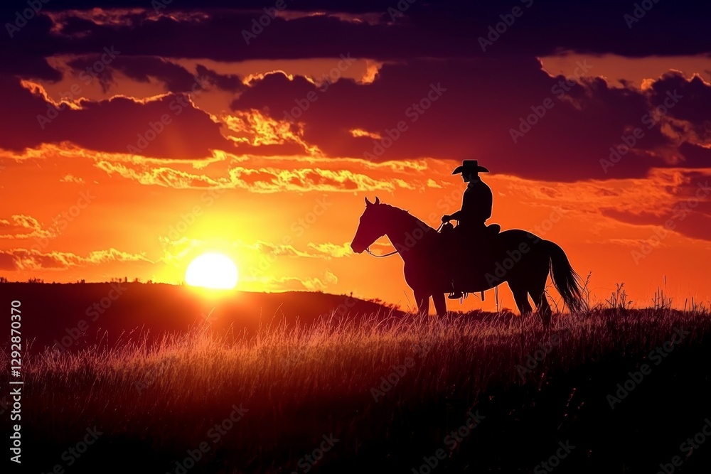 Silhouette of a Cowboy Riding at Sunset