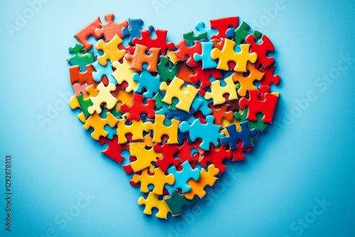 Obraz na płótnie Colorful puzzle pieces form a heart against a blue backdrop. w salonie