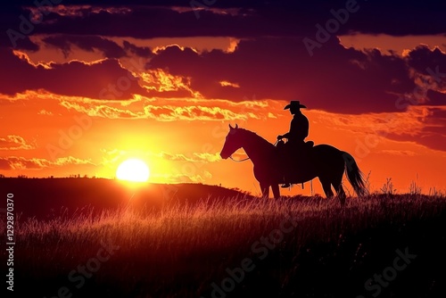 Obraz na płótnie Silhouette of a Cowboy Riding at Sunset w salonie